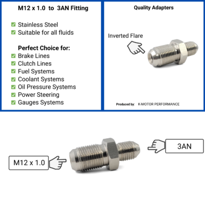 M12 x 1.0 to 3AN Fitting Adapter - For Fuel Oil Clutch Brake Line Power Steering - K-MOTOR